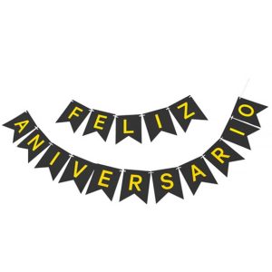 Bandeirinha Feliz Aniversário preta e dourada