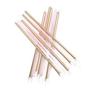 Velas 18 cm rosa bebé e dourado